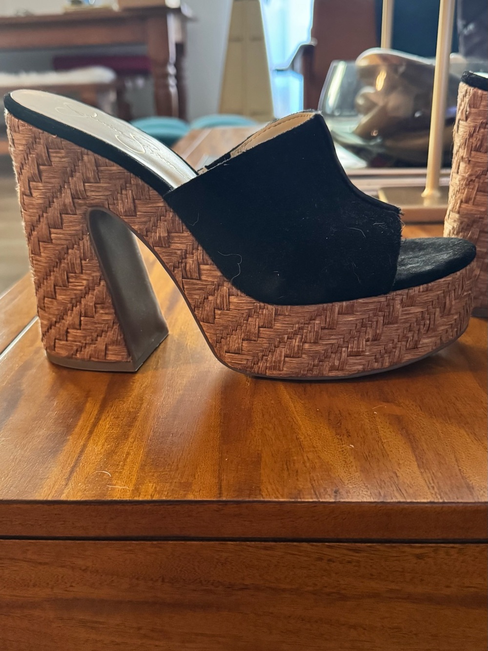 Jessica Simpson Black Suede Platform Mule with Woven Raffia Heel 8.5